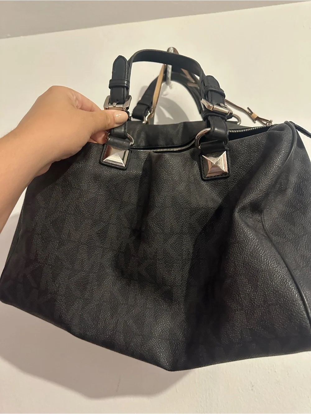 Michael Kors Black Leather Tote Handbag with Metal Accents